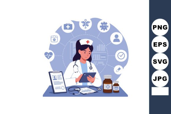 Female Nurse Using Tablet with Medical I