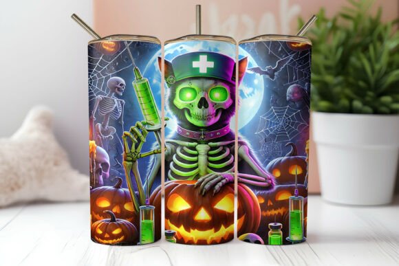 Neon Skeleton Nurse Cat Tumbler Wrap PNG