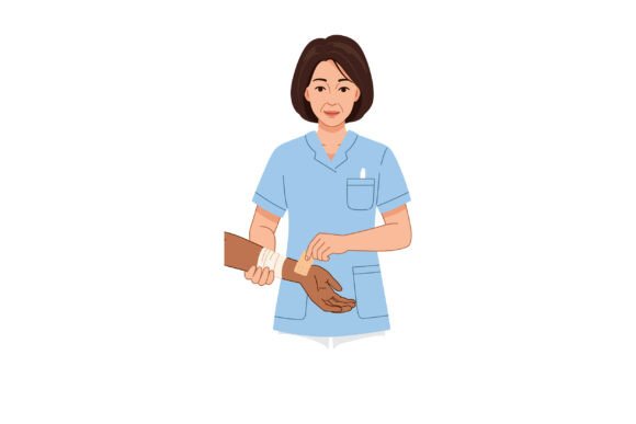 Nurse Checking Patient Pulse in Blue Uni