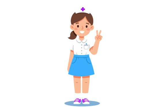 Nurse Girl Standing in Blue Skirt White