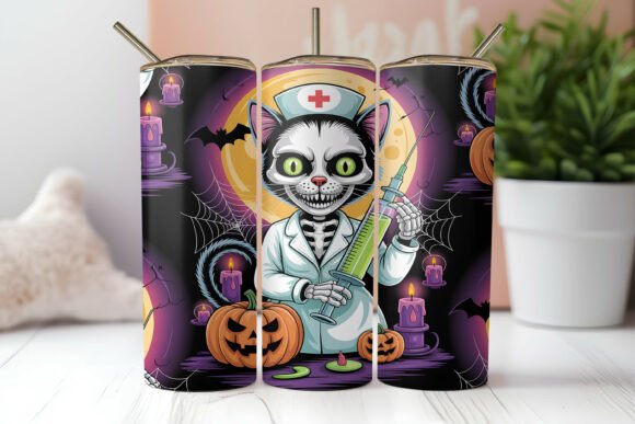Spooky Nurse Skeleton Cat Tumbler Wrap